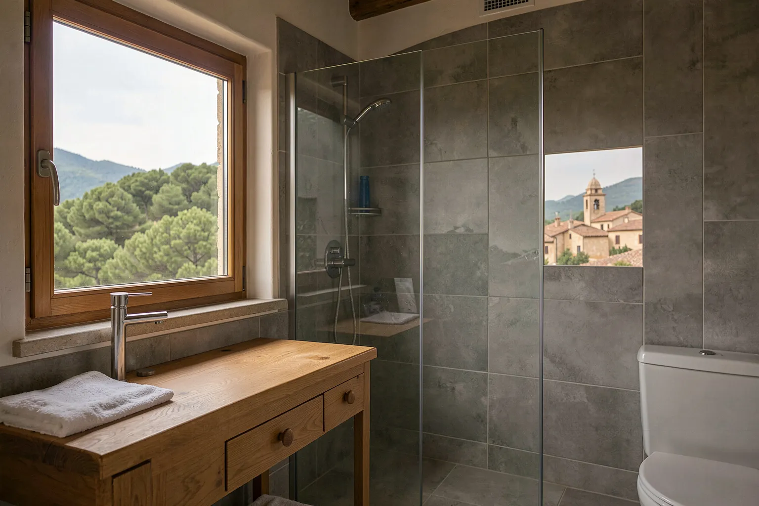 Salle de bain de villa sur les collines d'Allauch, douche de plain-pied en grands carreaux gris, meuble en chêne et fenêtre ouverte sur les pins et le clocher du village