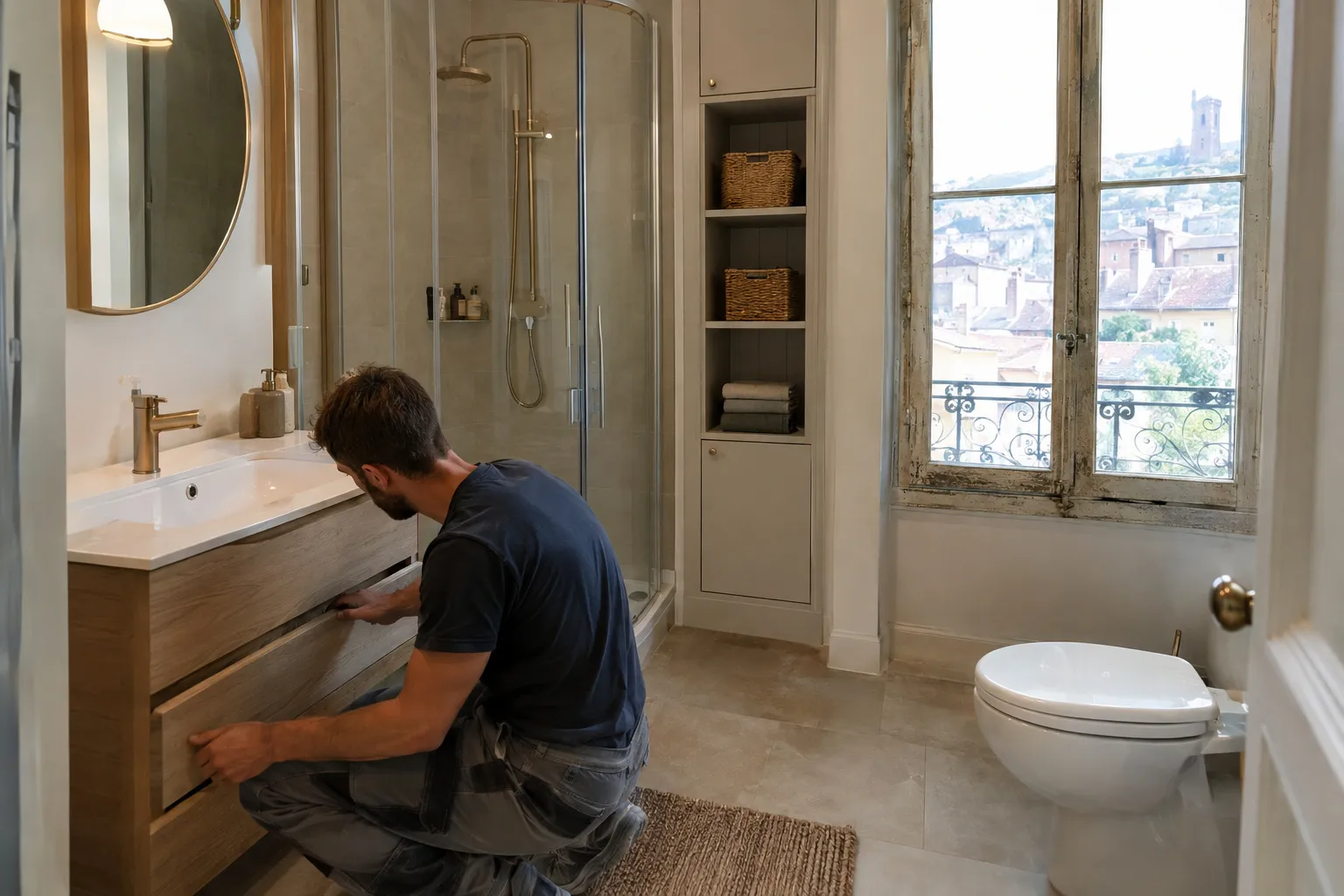 Petite salle de bain d'appartement rénovée avec douche vitrée, meuble vasque suspendu et carrelage clair