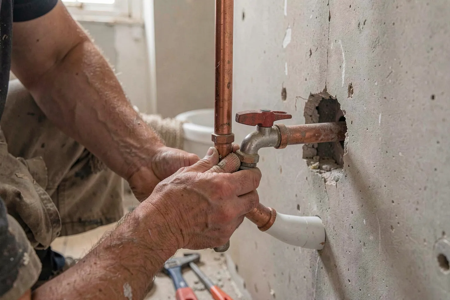 Mains d'un plombier serrant un raccord en cuivre et une évacuation en PVC dans un mur de salle de bain mis à nu